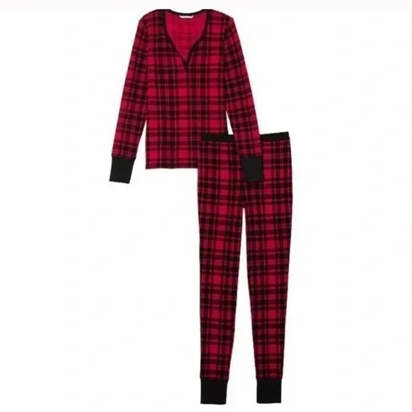 Victoria’s Secret Gingham/Plaid Long Sleeves Thermal Pajama Set Pjs XSmall - Picture 3 of 13